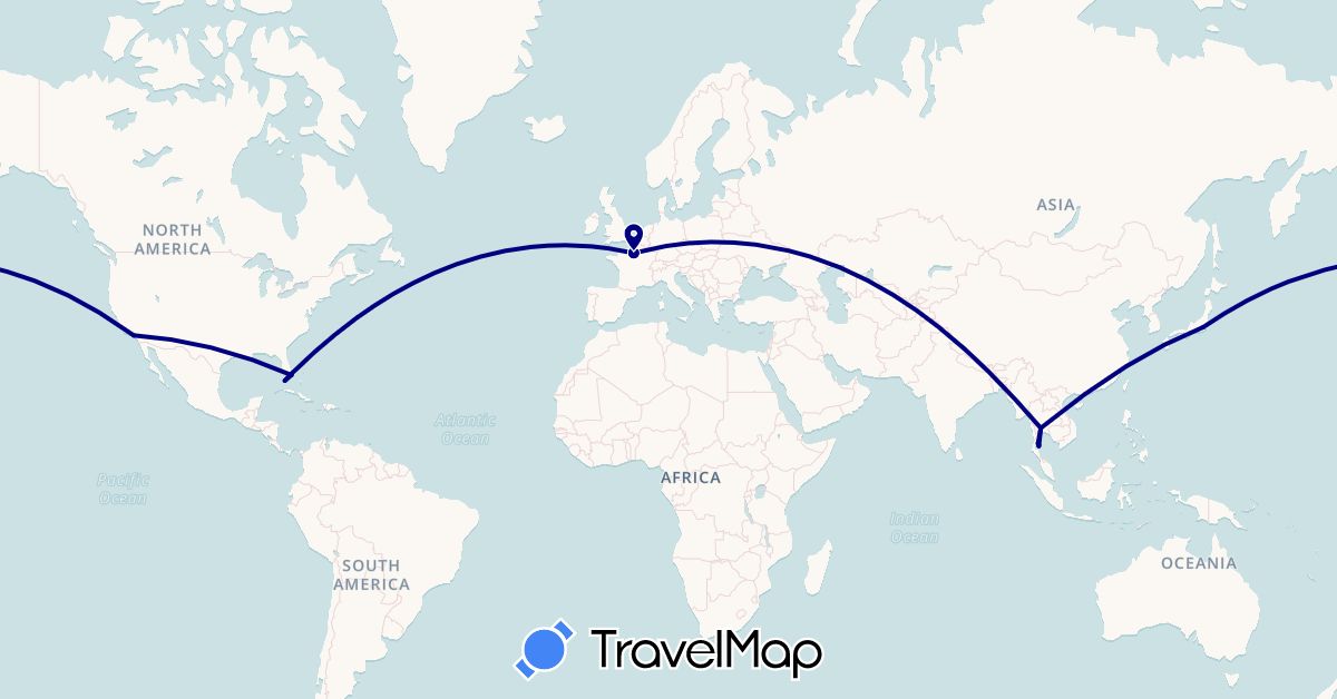 TravelMap itinerary: driving in France, Japan, Thailand, United States (Asia, Europe, North America)